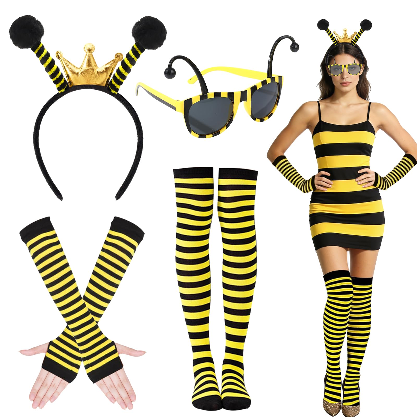 Disfraz de Abeja para Mujer, Abeja Costume Accesorios, Carnaval Disfraz Abeja Incluir Diadema con Corona, Gafas de Abeja, Guantes de Rayas y Calcetines por Encima de la Rodilla