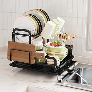 iSPECLE Dish Drainer Rack, Dish Drying Rack with Drip Tray, Swivel Spout, Rust-Resistant Dish Rack with Cup Utensil Holder for Kitchen Counter, Matte Black