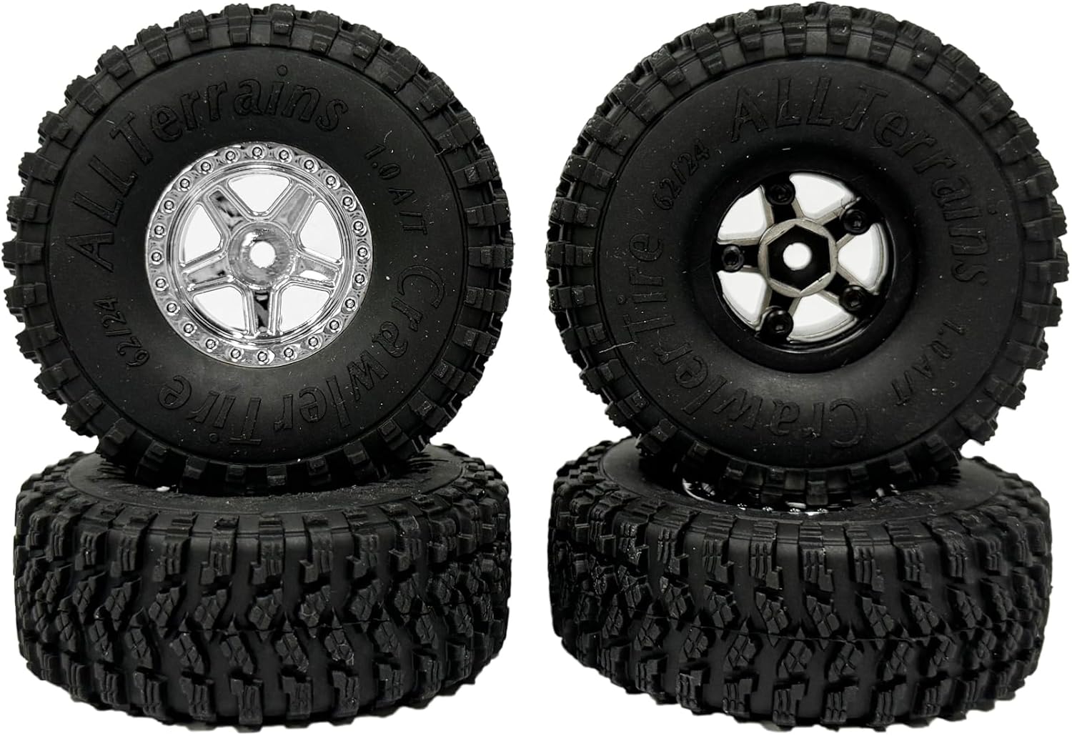 4PCS 1.0inch Wheel Tires and Plastic 5-Spokes Beadlock Wheel Rim Set for Axial AX24 SCX24 FCX24 TRX4M All 1/18 1/24 Scale RC Crawler Car Upgrade Parts Accessories (Silver)