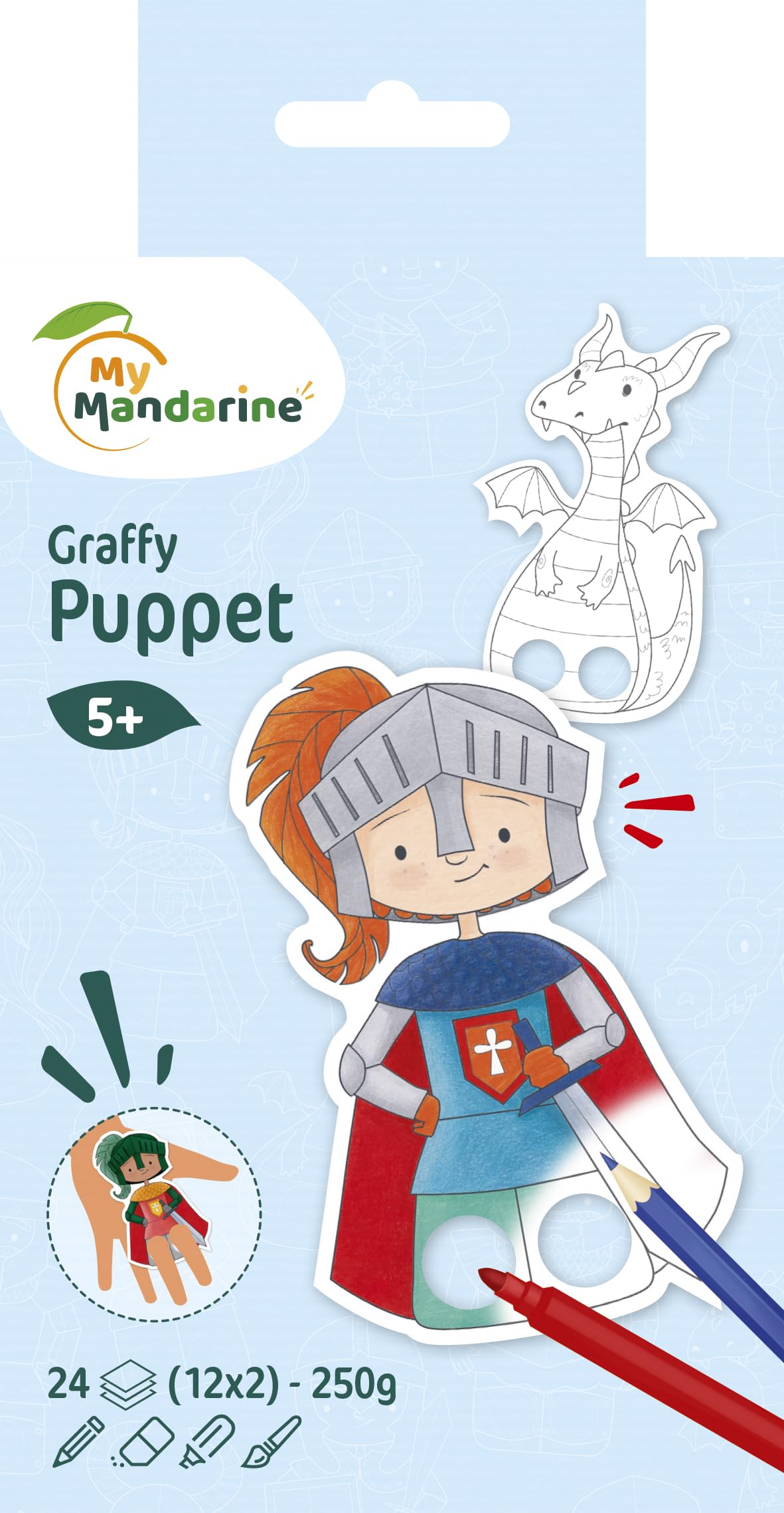 Avenue Mandarine - Ref GY009O - Graffy Pre-Cut Finger Puppets to Colour In & Play - Dragons & Knights - Spiral Notebook, 250gsm Clairefontaine Paper, 24 Cards, 12 Designs