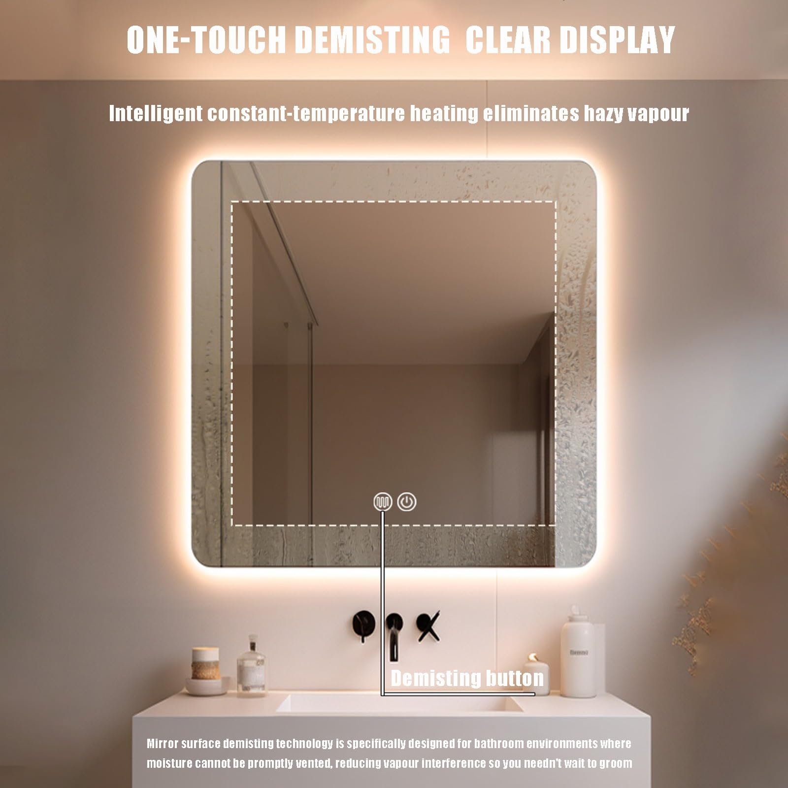 Lustro łazienkowe LED Smart Touch, bez zaparowania, kwadratowa konstrukcja, 70 cm, 3 tryby oświetlenia, możliwość ściemniania, wyświetlanie czasu, idealne do nowoczesnej dekoracji łazienki