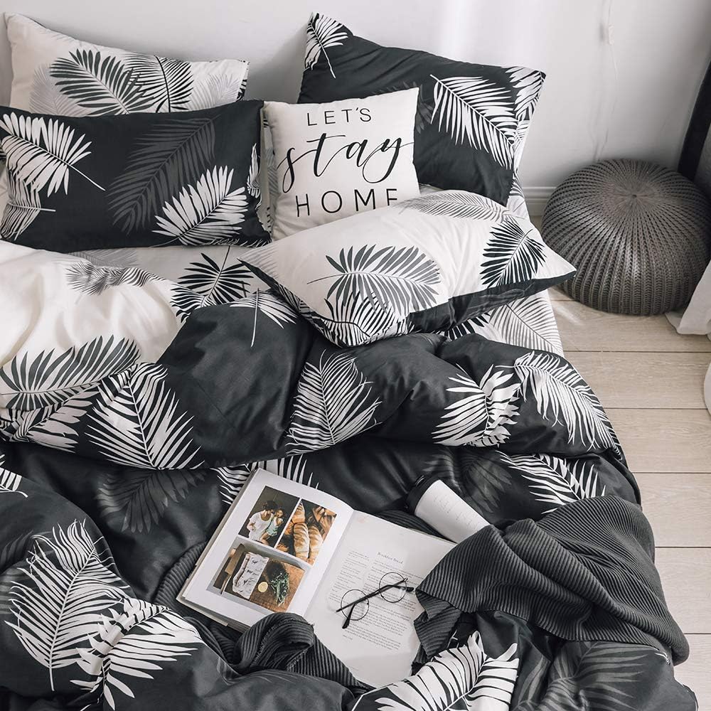 Onе-Dау Sаlе: Uр tо 60% оƒƒ VM VOUGEMARKET Tropical Leaves Duvet Cover Queen,100% Cotton Reversible Black White Botanical Bedding Set,Teen Girls Comforter Cover with Zipper Closure