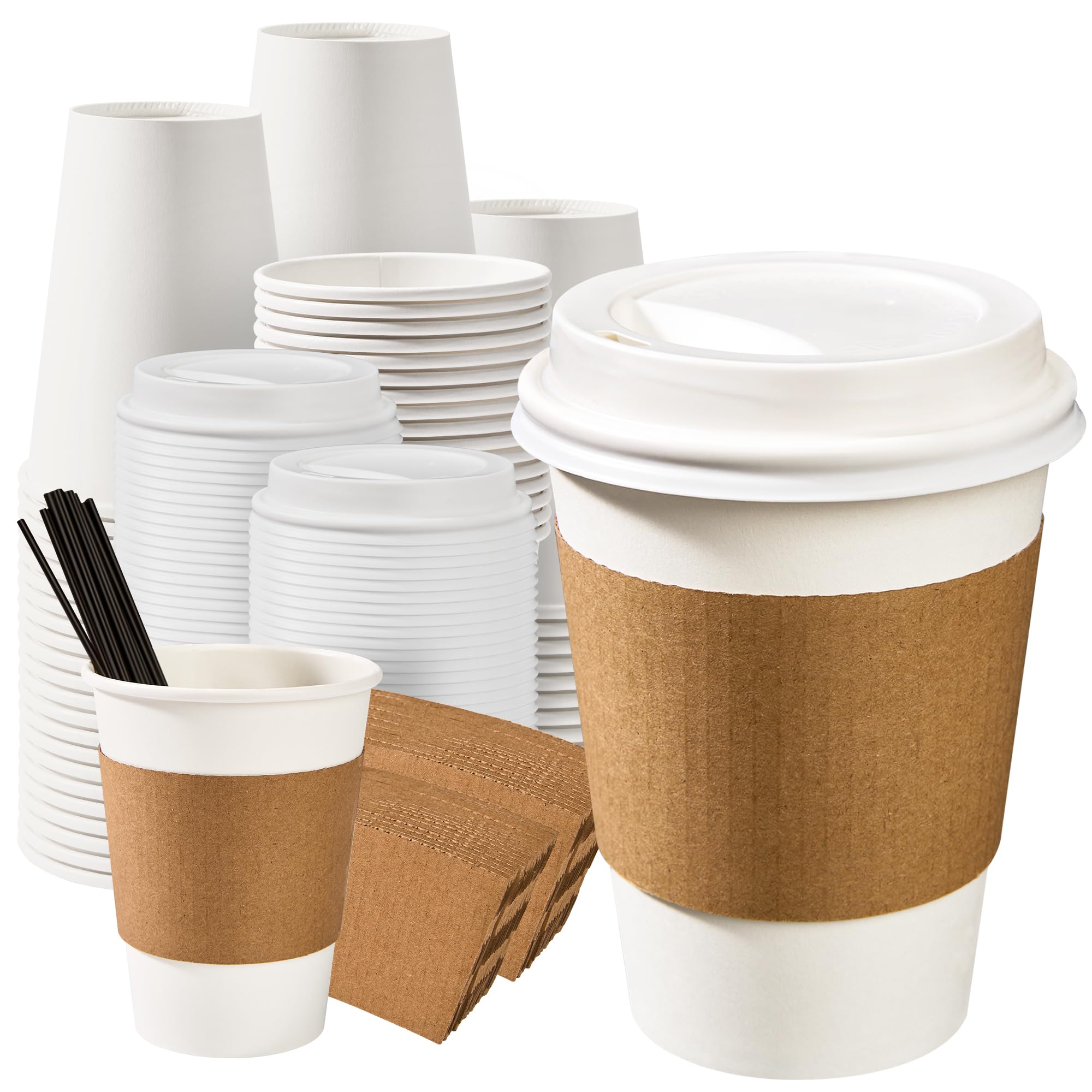 RACETOP 12 oz Paper Coffee Cups with Lids & Sleeves, 100 Pack