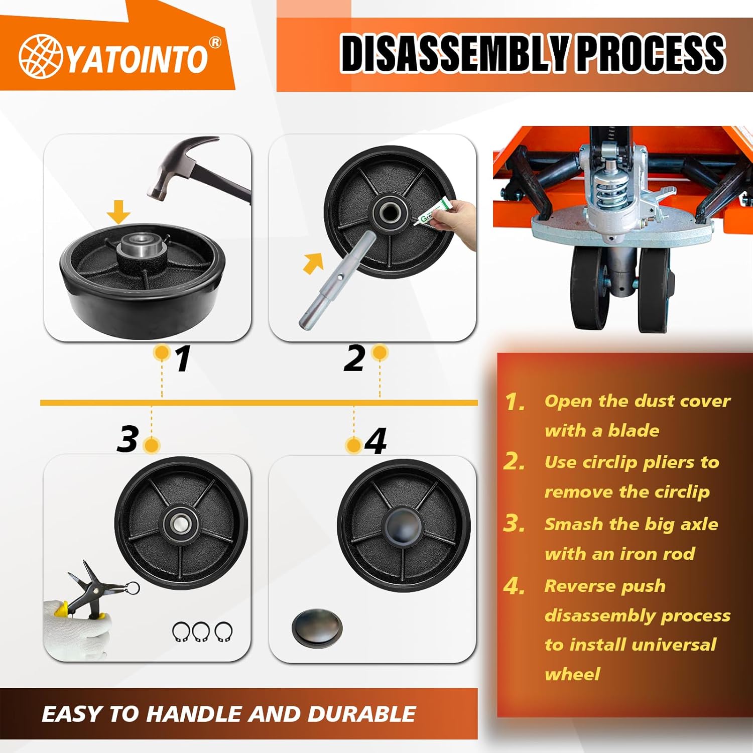 2pcs Pallet Jack Steer Wheel Set with Axle and Protective Caps | 7" x 2" with Bearings ID 20mm Poly Tread Red Pallet Jack Back Steer Wheel Replacement Kit, Tool Kit Included