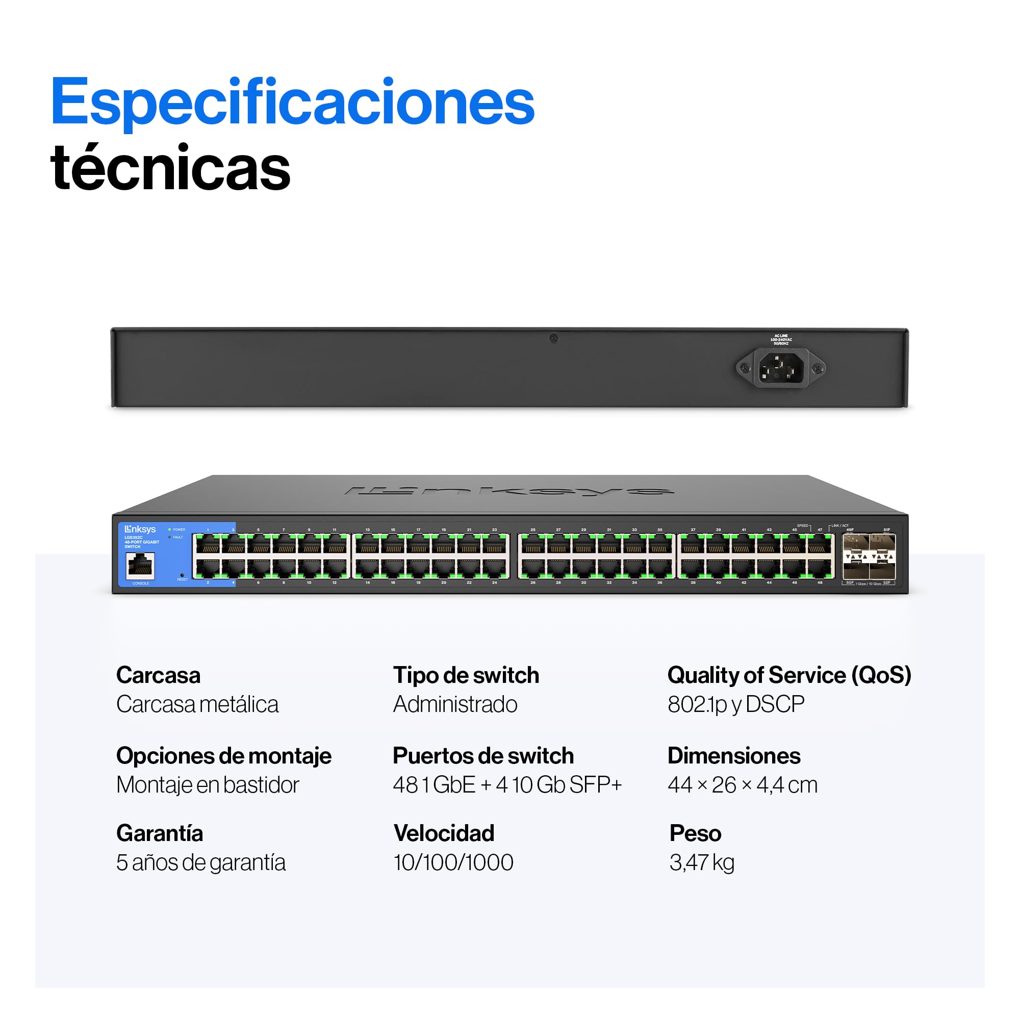 Linksys LGS352C-EU switch de red administrado Gigabit de 48 puertos con 4 ranuras SFP+ 10G de subida, concentrador/divisor Ethernet inteligente con carcasa metálica y montaje de sobremesa/pared