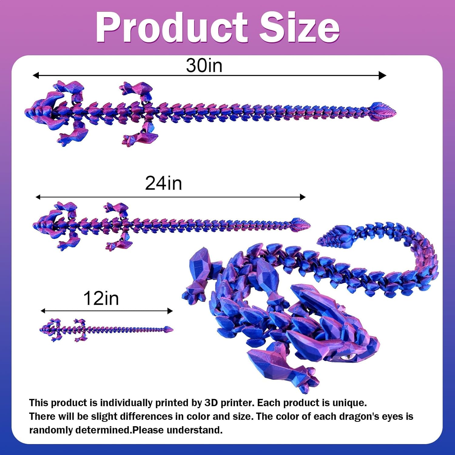 30in Large 3D Printed Articulated Dragons Toy with Eyes, Stress Relief 3D Printed Toys for Anxiety & ADHD,Unique Mystery Crystal Fidget Animal for Home Office Decor (Laser Purple) - Image 2