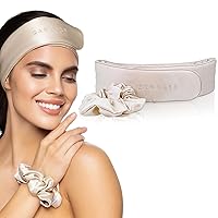 Vista 1 de DARCASE Juego de diadema y coletero de seda de morera pura, multiusos, para maquillaje, spa, accesorio para el cabello, suave y cómodo + velcro