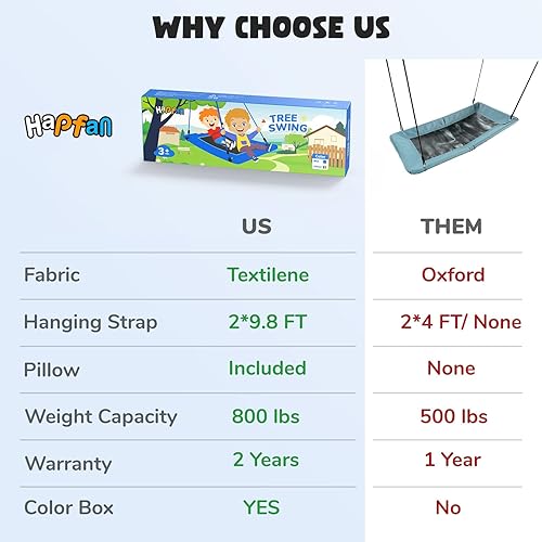 Miniatura 6 de Hapfan Columpio de árbol de plataforma de 60 pulgadas para niños y adultos con almohada, columpio rectangular grande resistente para niños al aire