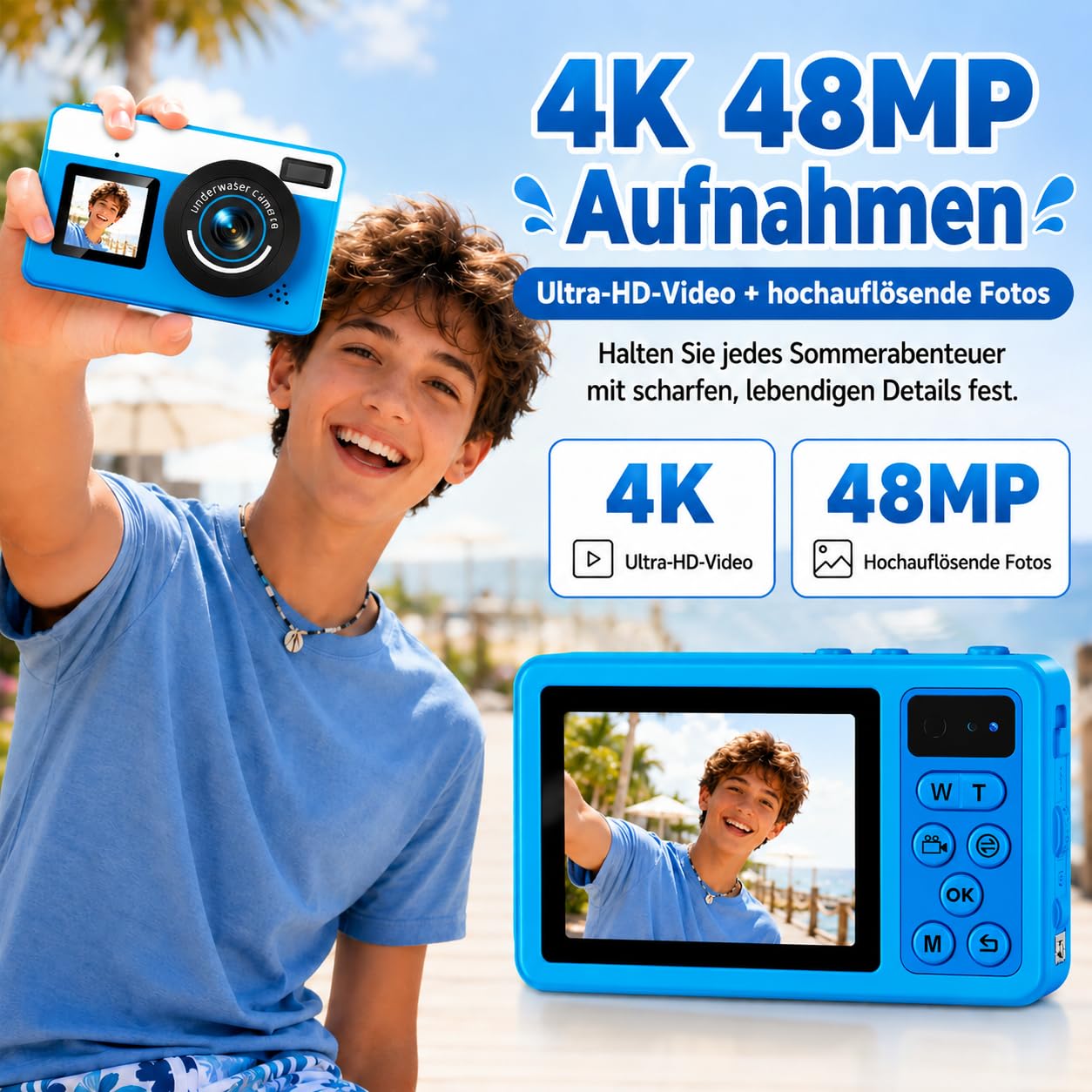 Maxmango D70 4K Unterwasserkamera,48MP 10FT Wasserdicht für Schnorcheln,Dual Screen Selfie Autofokus Digitalkamera with 16GB Karte für Jungen und Mädchen Schnorcheln Schwimmen