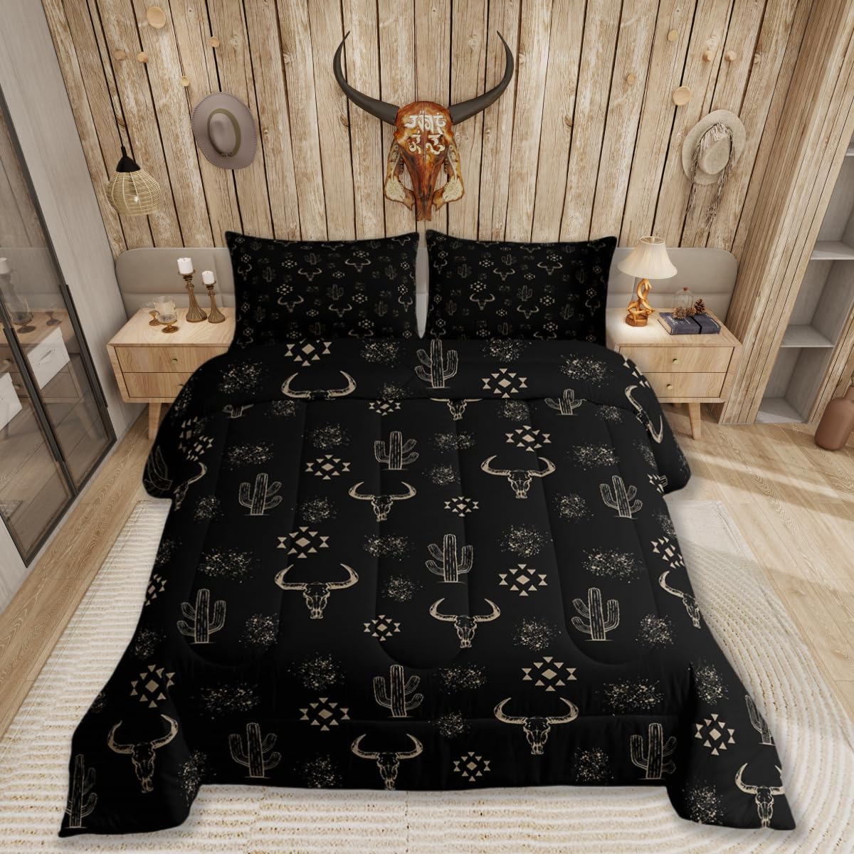 Bohemian Bedding Set Western Aztec Comforter Set Brown Black Boho Quilt For Cowboy Cowgirls Bedding,Exotic Bull Horns Comforter Farmhouse Southwest
