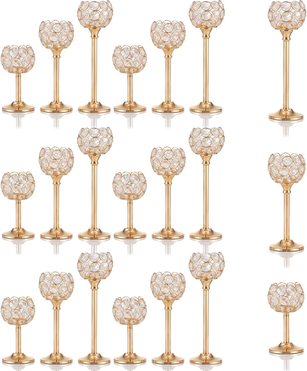 21 Pcs Crystal Candle Holders, Gold Decorative Tealight Candle Stick Holder Bulk Centerpieces, 7 Pcs for Each of 3 Sizes 5.9/8.8/10.6 x 3.15 Inch, for Dining Table Wedding Party Celebration