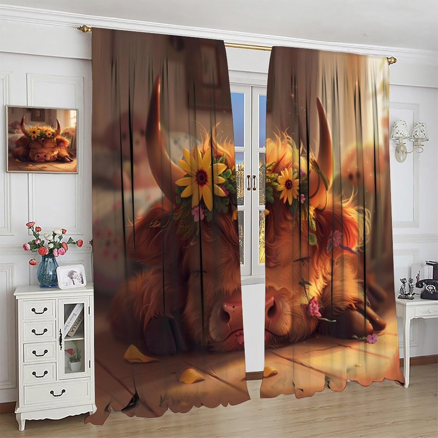Highland Cow Rustic Blackout Curtains, Daisy Floral Animal Curtains Rod Pocket Thermal Insulated Window Drapes for Bedroom/Living Room, 21W x 54L, 2 Panels