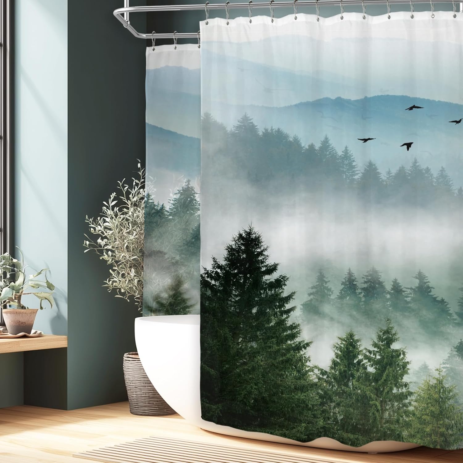 Riyidecor Extra Wide Green Mountain Shower Curtain 108Wx72H Inch Rustic Nature Scenery Foggy Pine Tree Landscape Woodland Natural Botanical Bathroom Decor Fabric Polyester Waterproof 18 Metal Hooks