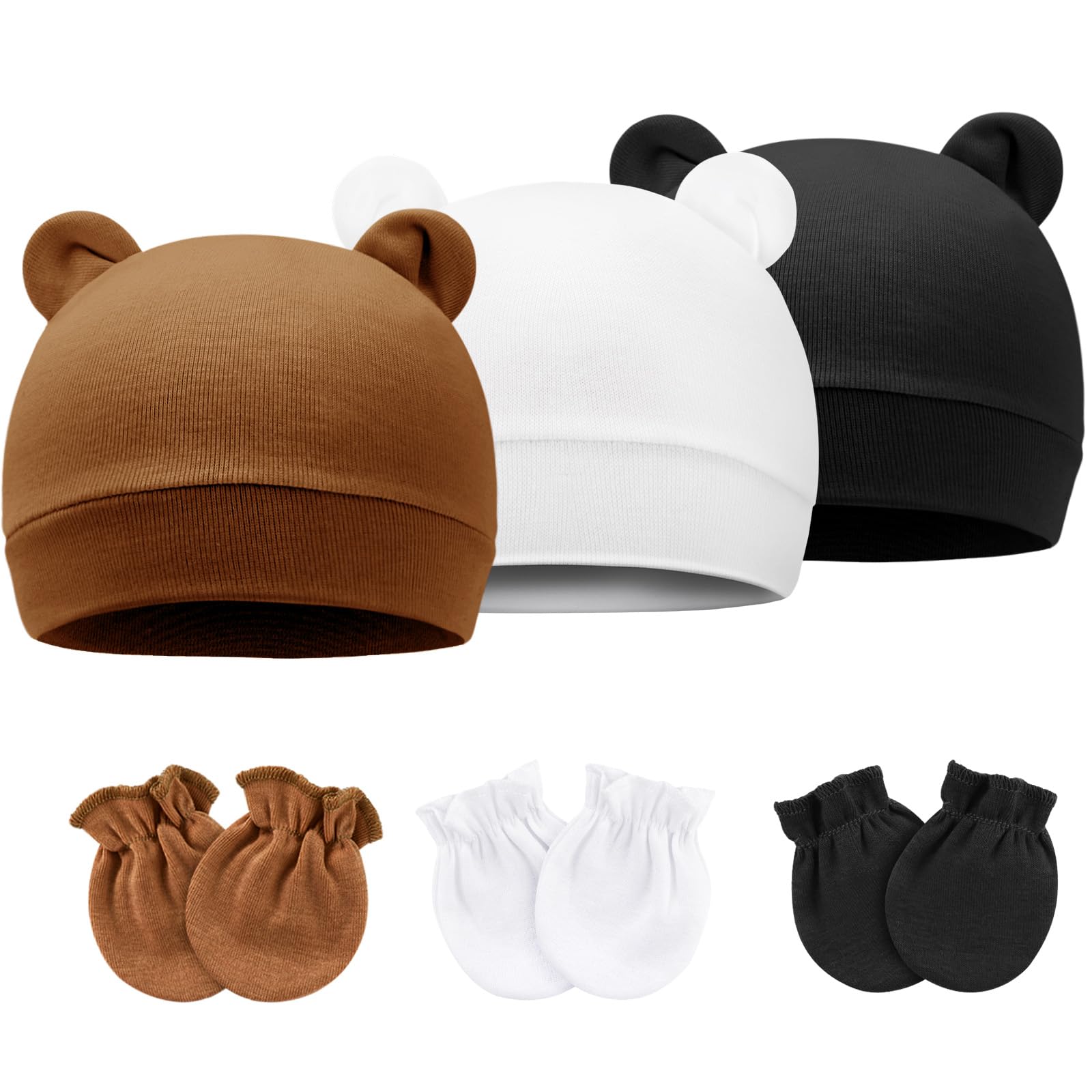 DRESHOW Newborn Baby Hats Mittens Set Hospital Hat Beanie Bear Ears Infant Caps Baby Cotton Gloves No Scratch Mittens for 0-6 Months