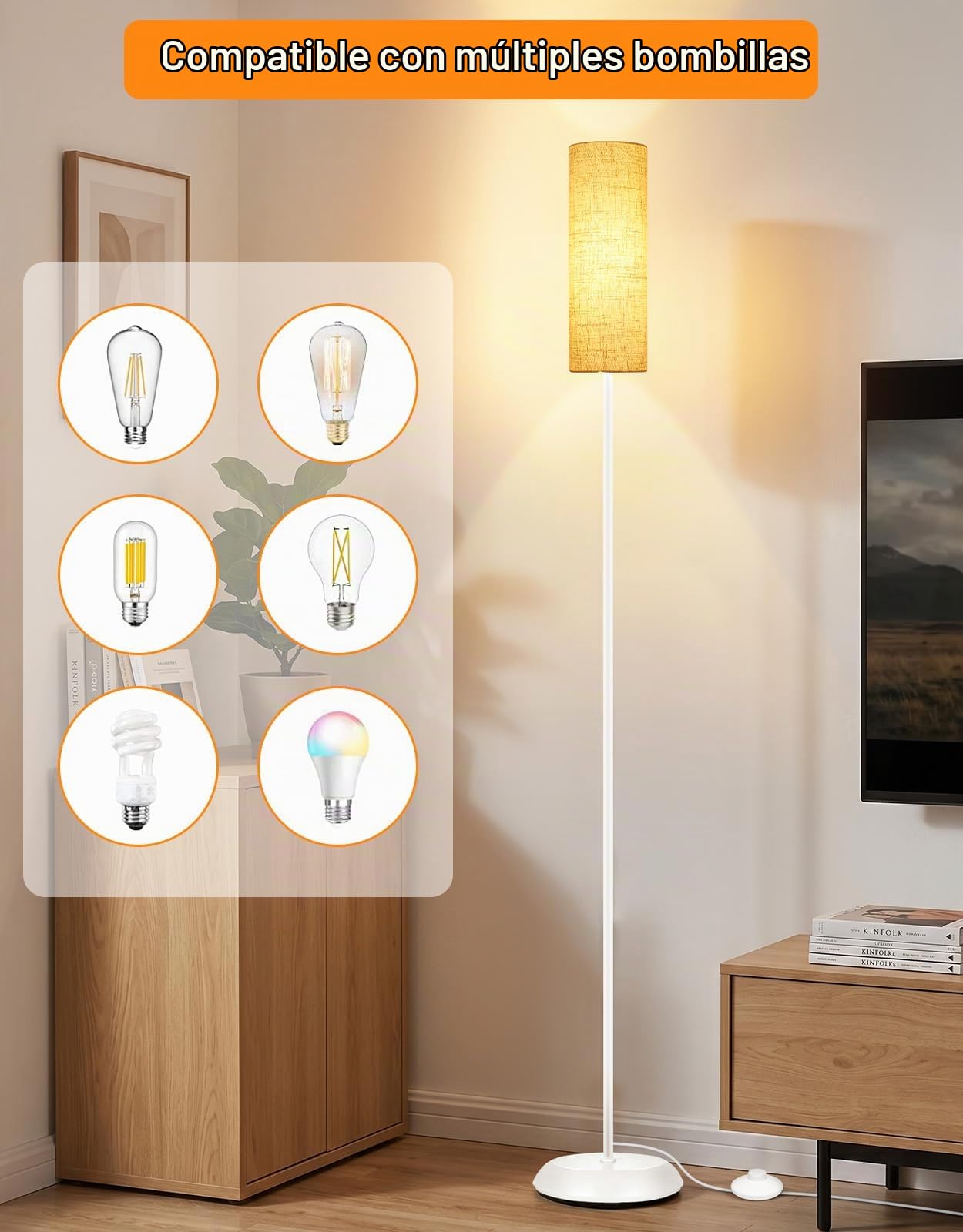OUTON Lámpara de Pie Moderna de Metal con Pantalla de Lino, Blanco | Dormitorio