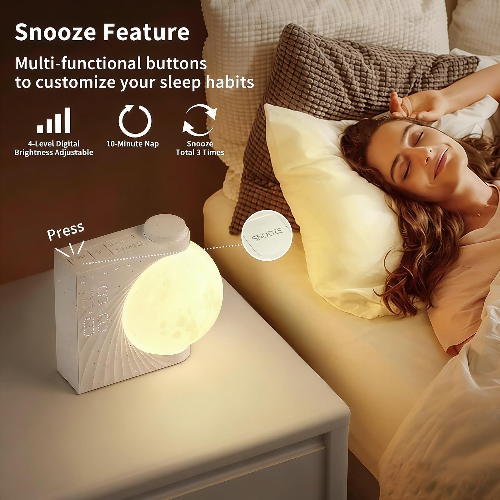 Réveil MoonRise Sunrise avec Lumière De Réveil et Lampe Lunaire RGB, Double Alarme, Fonction Snooze, Veilleuse pour Enfants et Adultes, Décoration De Chambre à Coucher