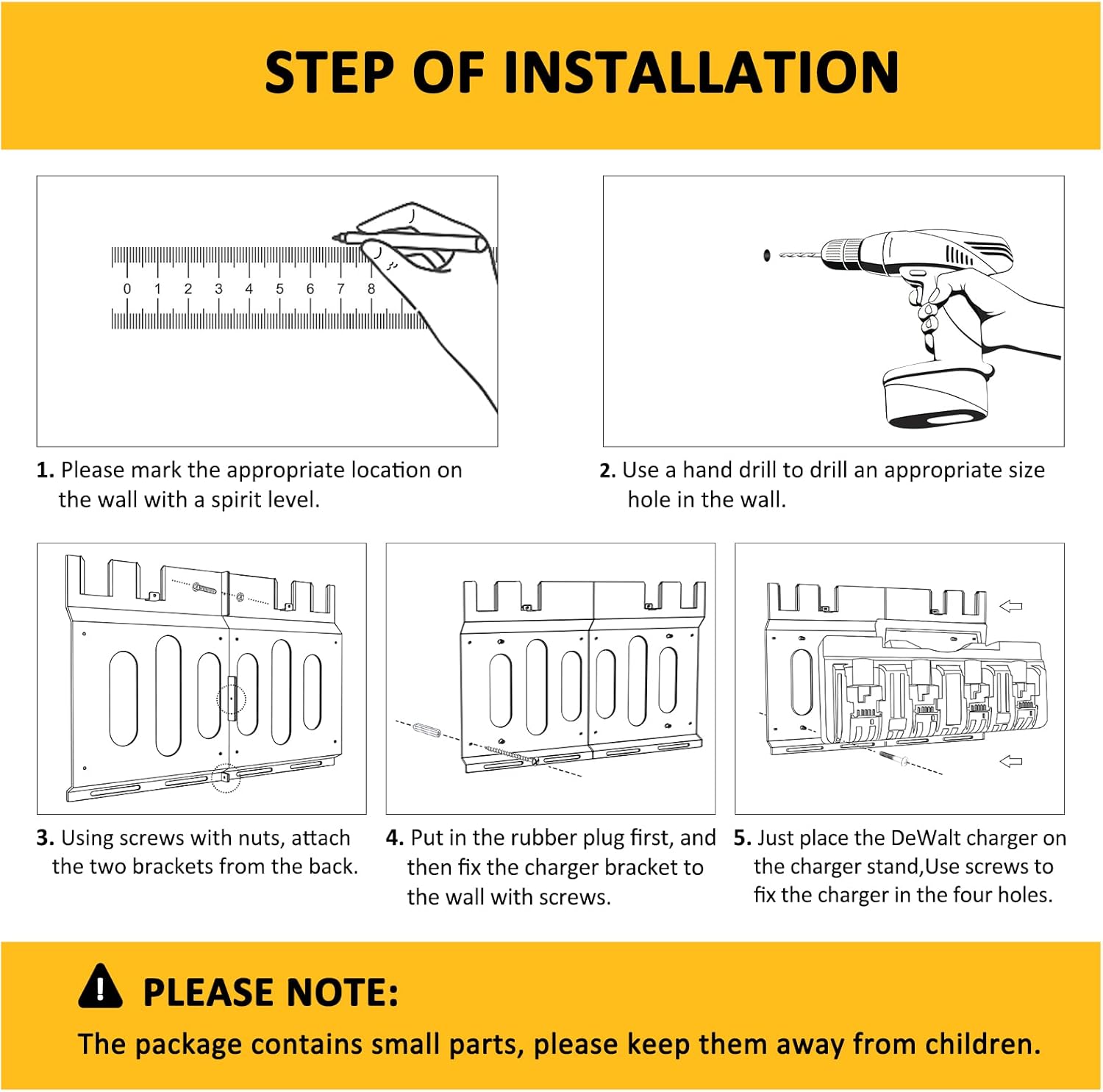 Wall Mount Bracket for DeWalt DCB104 Charger and Battery, Metal Black Rugged 4 Battery Holder and Charger Holder for Tool Room and Garage