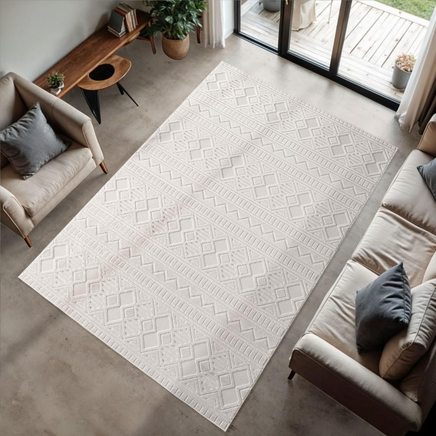 Tapis à poils courts 3D couleur crème antidérapant avec dos en fil fibrillé