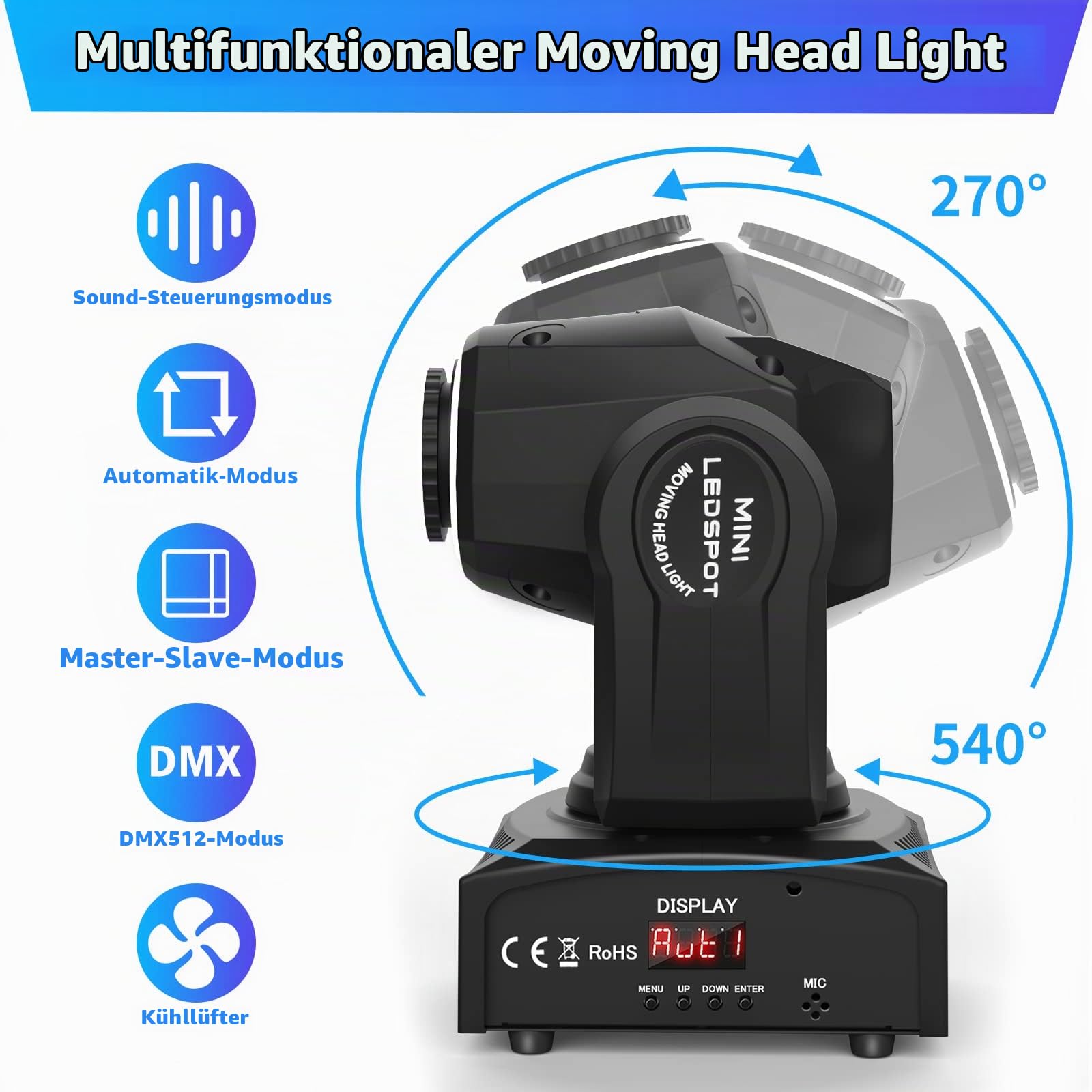 Moving Head LED U`King 50W Mini Moving Head Beam Bühnenlicht RGB DMX512 Disco Lichteffekt DJ Effekt Bühnenbeleuchtung Party Licht Pin Spot RGBW für DJ Bar Club Partybühnenlicht