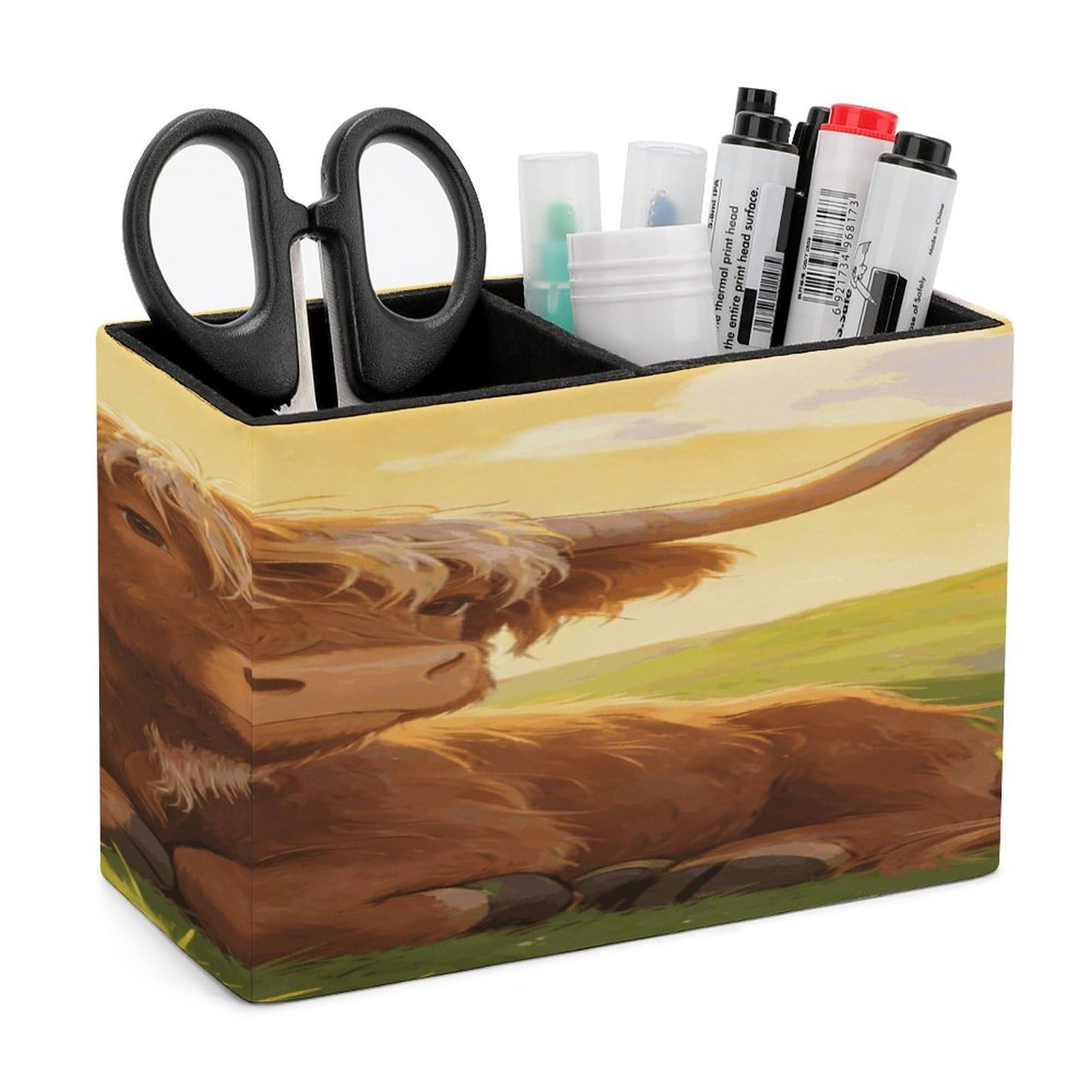 LZQPOEAS Highland Cow Chillin Pen Holder Double Compartments Pen Cup Makeup Brush Holders Leather Pencil Holder Locker Organizer for Work Locker Accessories Modern Pencil Cup for Desk