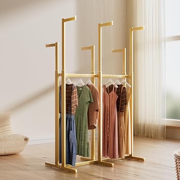 Retail Clothing Rack with Wheels and Leveling Feet, Heavy Duty 6-Arm Commercial Garment Rack, Adjustable Height 45.7 to 61in, Wrought Iron Retail Display Rack for Boutique Store, Gold