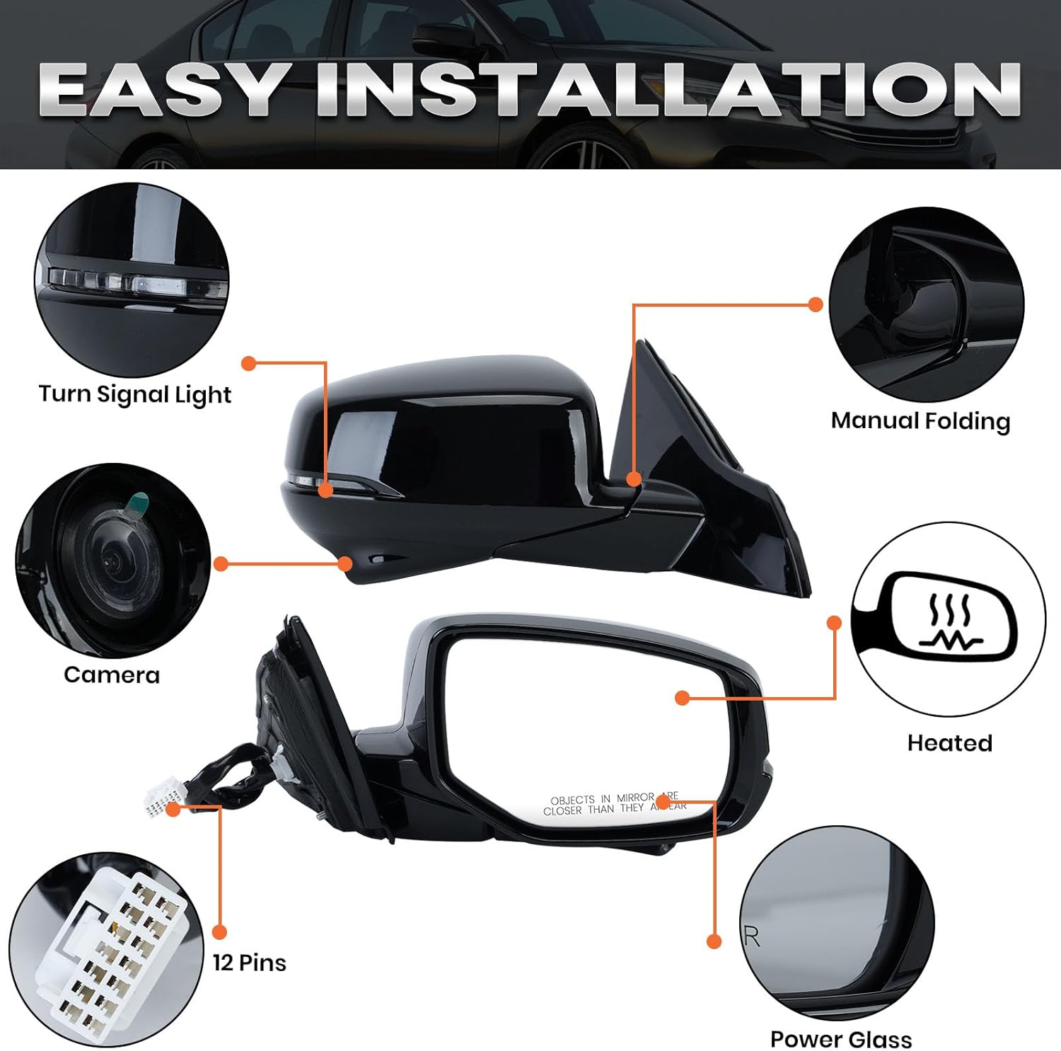 Passenger Side Mirror Compatible with Honda Accord Sedan 2013-2015 with Camera Power Glass Heated with Turn Signal Manual Folding Right Door Mirrors Replaces #76200T2GA42ZC 12 Pins (Black)