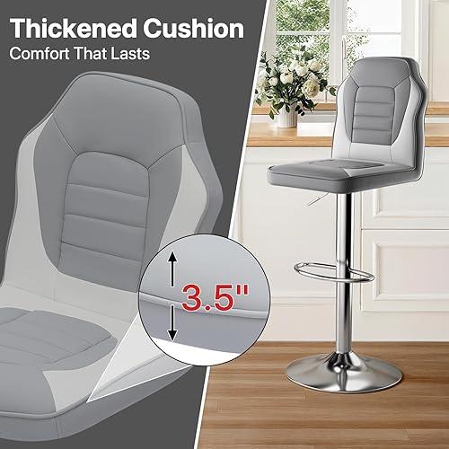 Miniatura 4 de MoNiBloom Juego de 2 taburetes de bar estilo carreras, de piel sintética ajustable en altura con reposapiés, sillas de bar giratorias de 360 con