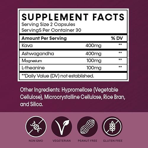 Miniatura 4 de Cápsulas de Kava - Apoya la relajación y la calma - Cápsulas de raíz de kava con ashwagandha, magnesio y L-teanina, veganas, sin OMG, sin gluten,
