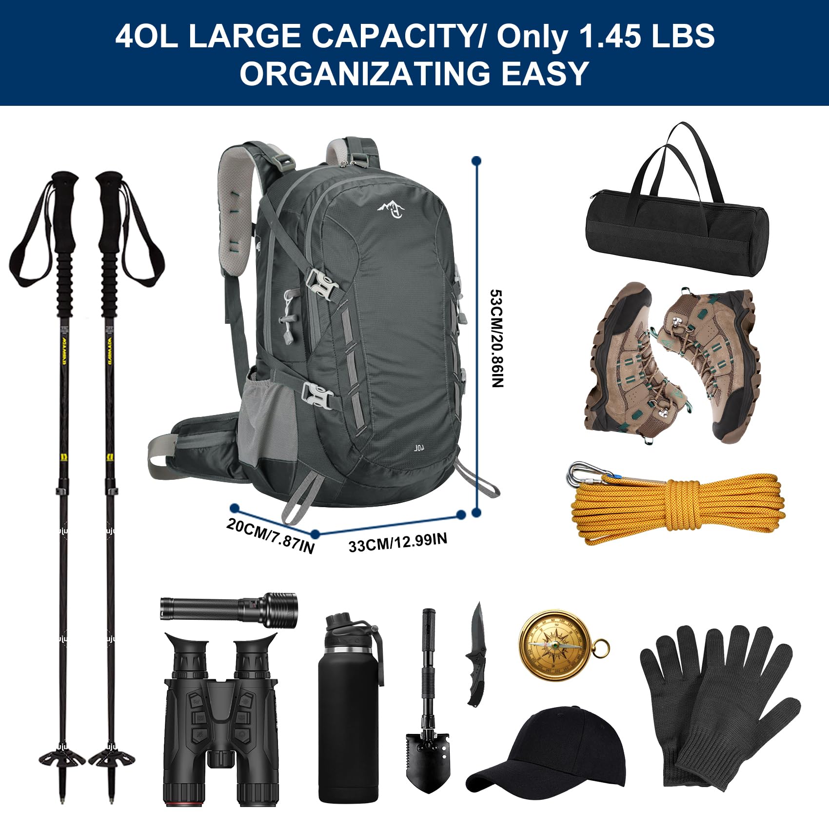 Long Keeper Wanderrucksack 40L Wasserdichter Campingrucksack mit Regenhülle Leichter Trekkingrucksack Outdoor Sport Rucksäcke für Klettern Skifahren Radfahren Reisen