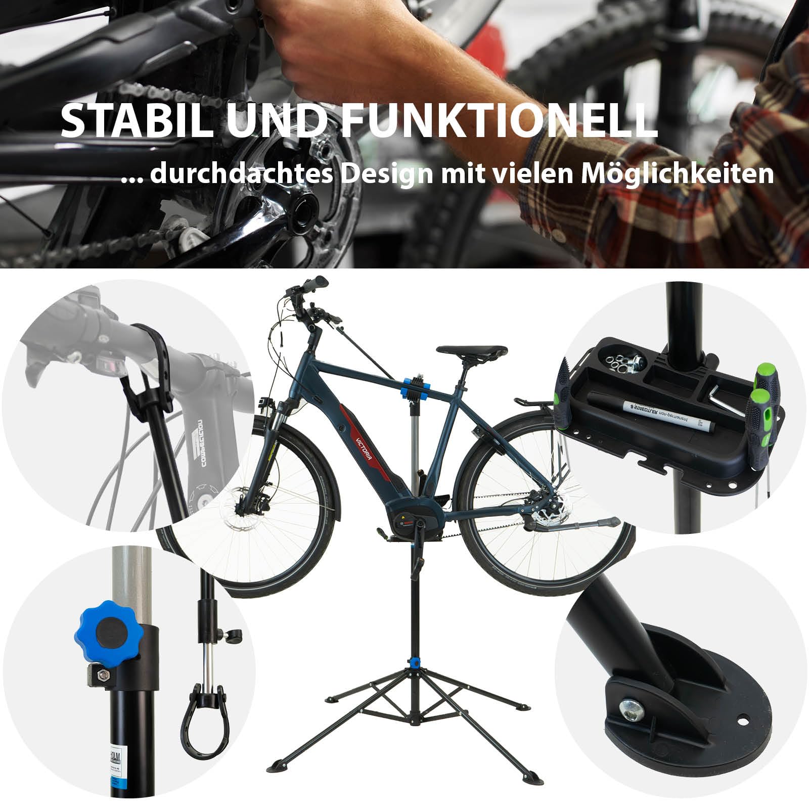 TRUTZHOLM Fahrradmontageständer 360° drehbar höhenverstellbar 30 kg Traglast Stahl mit magnetischer Werkzeugablage schwarz für Fahrräder Mountainbikes E-Bikes
