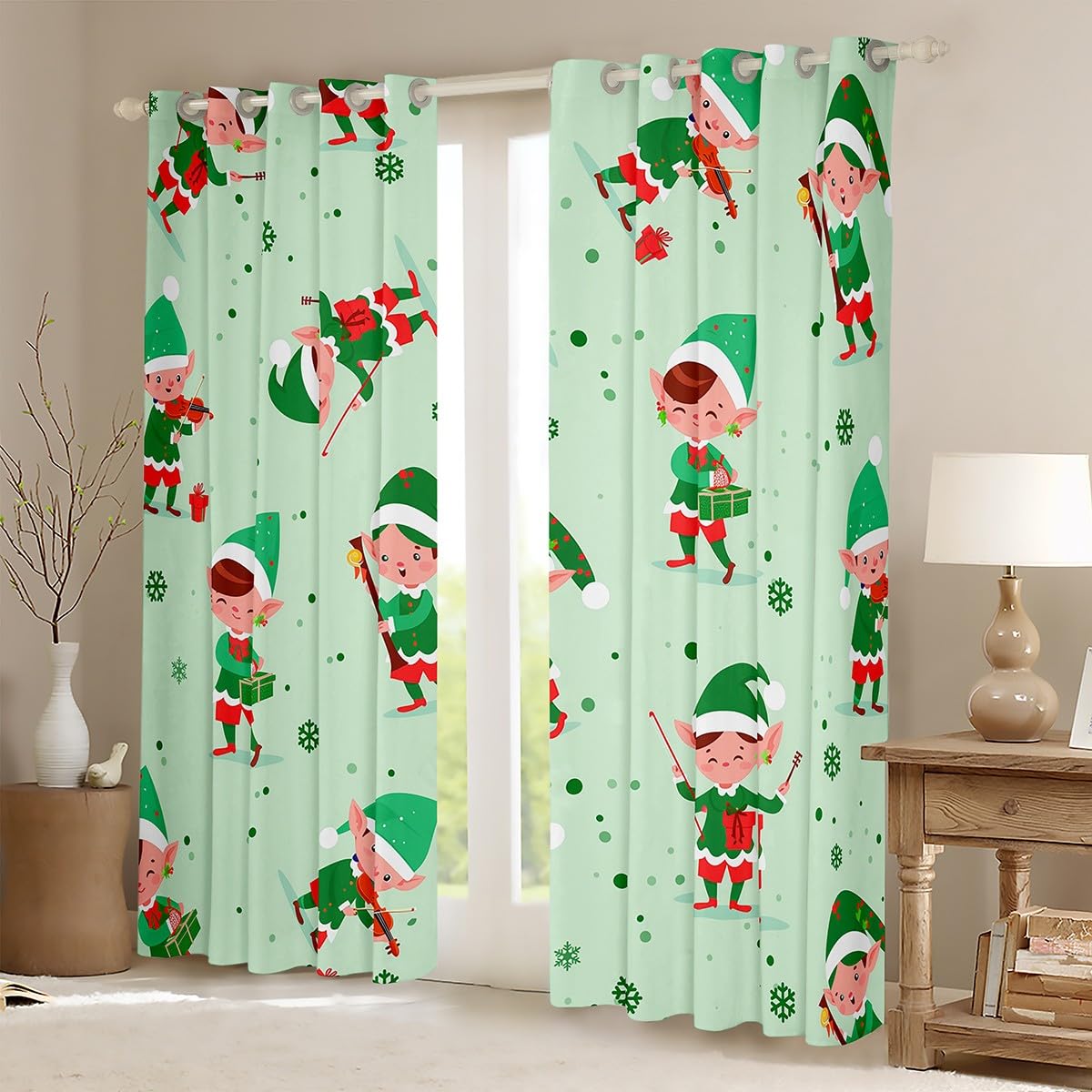 Feelyou Christmas Green Elf Curtains Merry Christmas Window Curtains for Bedroom Living Room for Kids Boys Girls Christmas Snowflake Window Drapes Xmas 30%-50% Blackout Curtains, 42W X 90L,2 Panels