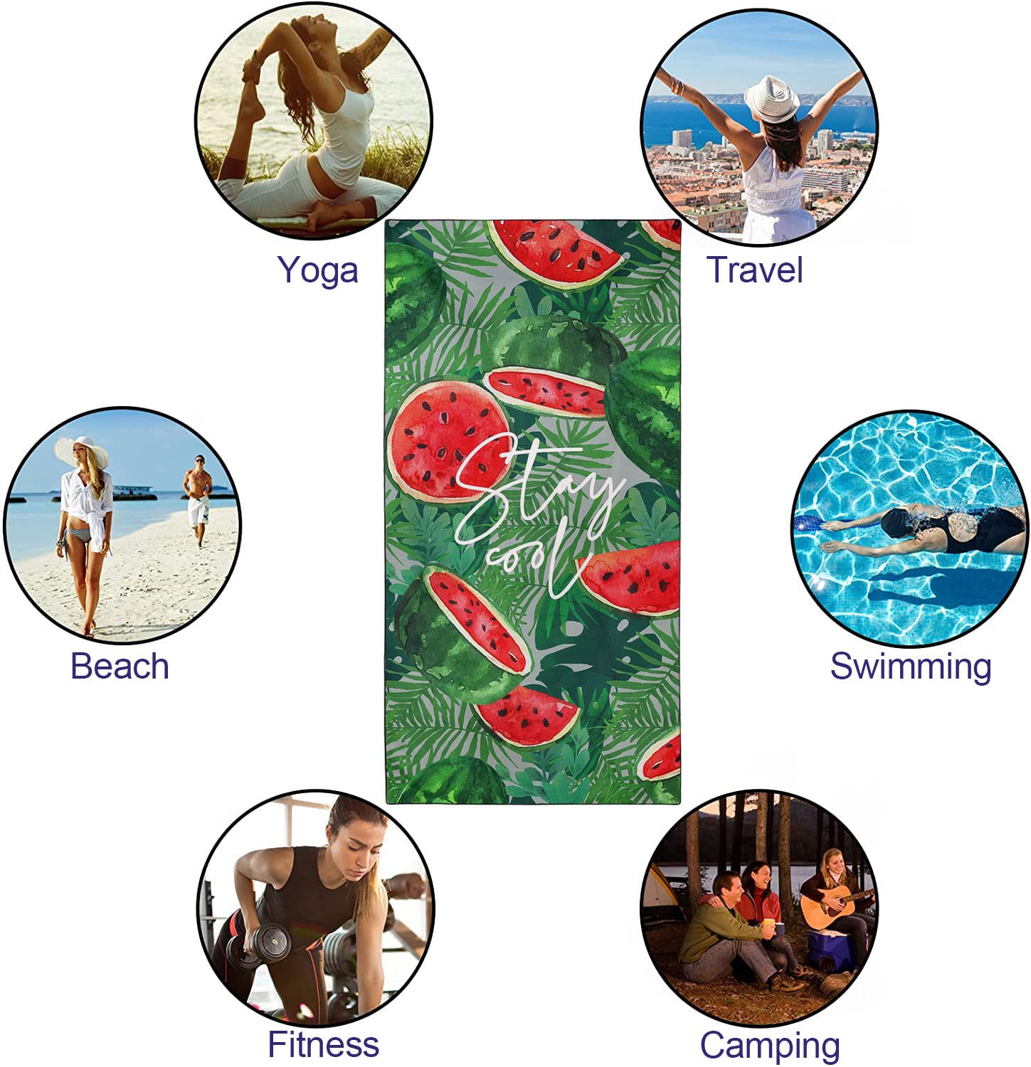 Asciugamano da spiaggia oversize ad asciugatura rapida senza sabbia, leggero in microfibra, per nuoto, piscina, campeggio, viaggi, foglie verdi anguria, 91,4 x 183 cm