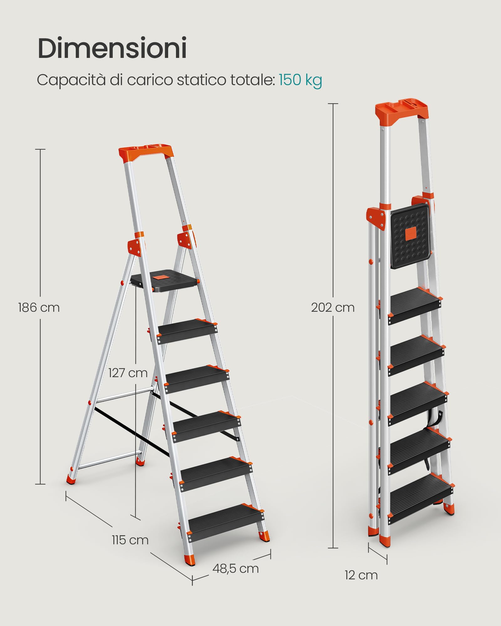 SONGMICS Scaletta a 6 Gradini, Scala Pieghevole in Lega di Alluminio, Gradini Larghi 12 cm, con Portautensili e Piedini Antiscivolo, Max. Portata Statica 150 kg, Nero e Arancione GLT06BK