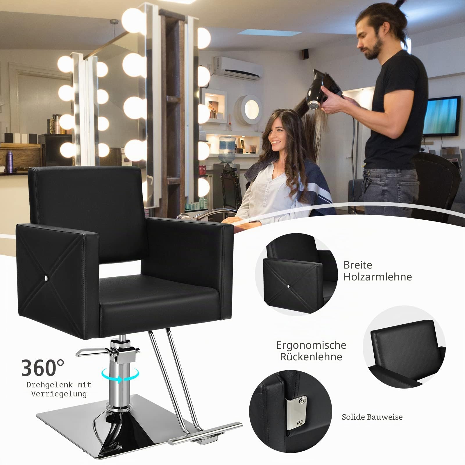 FANTASK 360° drehbar & höhenverstellbarer Friseurstuhl, Barbersessel mit hydraulischer Pumpe, Barberstuhl mit Fußstütze für Friseursalon & Barbershop, Schwarz