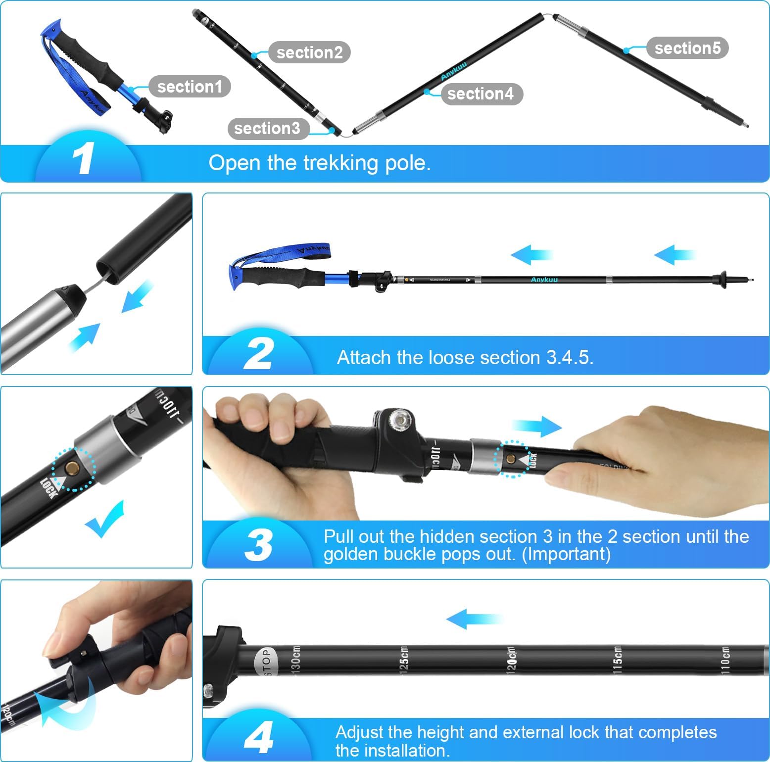 Anykuu Bastoni Trekking Bastoncini da Trekking 2 Pezzi Pieghevoli 110-130cm, Bastone da Trekking in 7075 Alluminio, Nordic Walking Bastoncini con manico in Eva per Montagna Escursioni e Sci