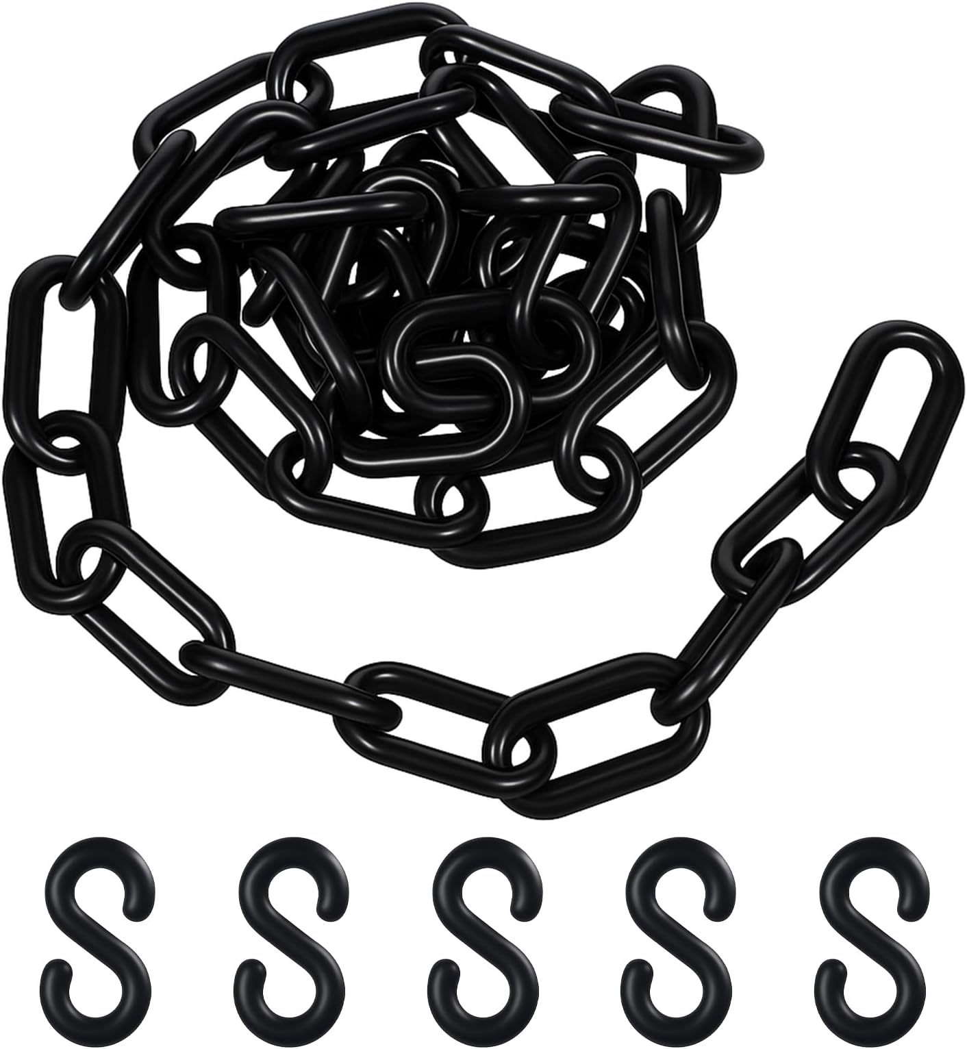 Black Plastic Chain Links, 3 Ft 6mm Plastic Chains with 5 S-Hooks, Linking Chains for Barriers, Crowd Control, Parking, Fences, Gates, Concerts, and Decoration