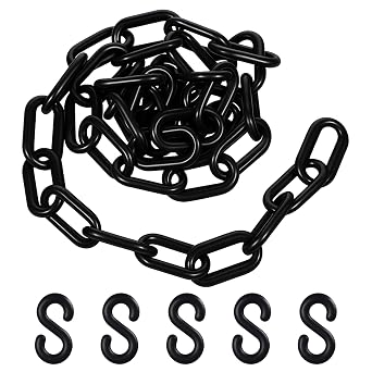 Black Plastic Chain Links, 3 Ft 6mm Plastic Chains with 5 S-Hooks, Linking Chains for Barriers, Crowd Control, Parking, Fences, Gates, Concerts, and Decoration