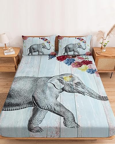 Miniatura 7 de Juego de sábanas bajeras de elefante con pájaros y flores para cama de tamaño matrimonial, sábanas de 3 piezas, sábana de bolsillo profundo para