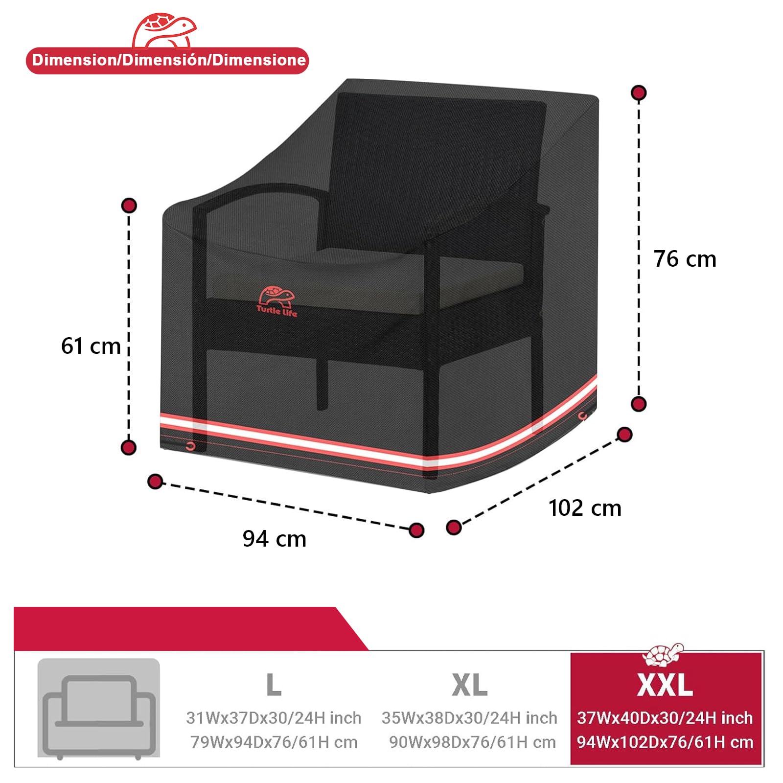 Turtle Life Housse de canapé de terrasse en tissu Oxford imperméable et coupe-vent avec revêtement PVC Noir 94x102x76 cm