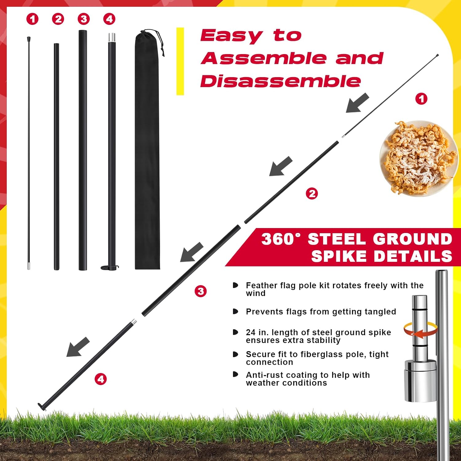 CroBlissful 12 x 2.5 ft Funnel Cakes Windless Swooper Flag Feather Banner with 15 ft Flag Pole Kit and Ground Stake for Mexican Restaurant Business Advertising Store Fronts Shops Outdoor