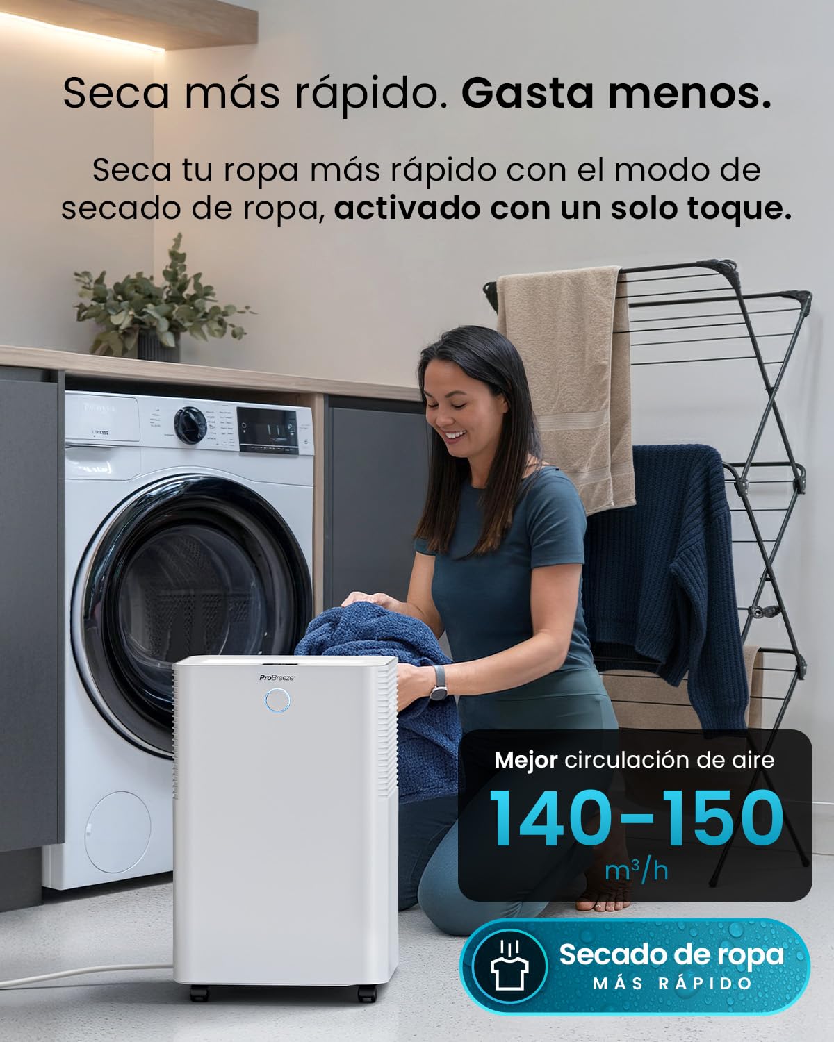 Pro Breeze OmniDry Deshumidificador 20L/Día hasta 30 M², WiFI, Depósito 4L, Secado de Ropa, Sensor de Humedad, Temporizador 24H, Modo Nocturno - Antihumedad, Moho y Condensación