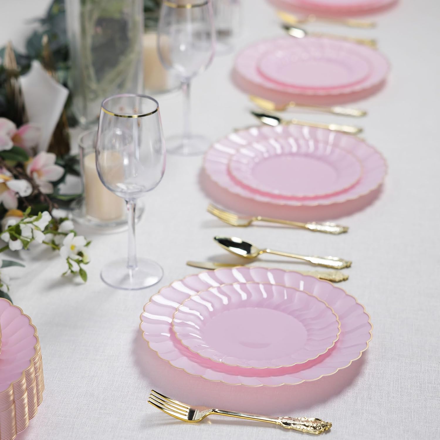 80pcs Pink Scalloped Plastic Plates With Gold Rim, Include 7 inch and 10 inch disposable Plastic Plates for Party, Wedding, Birthday - Image 4