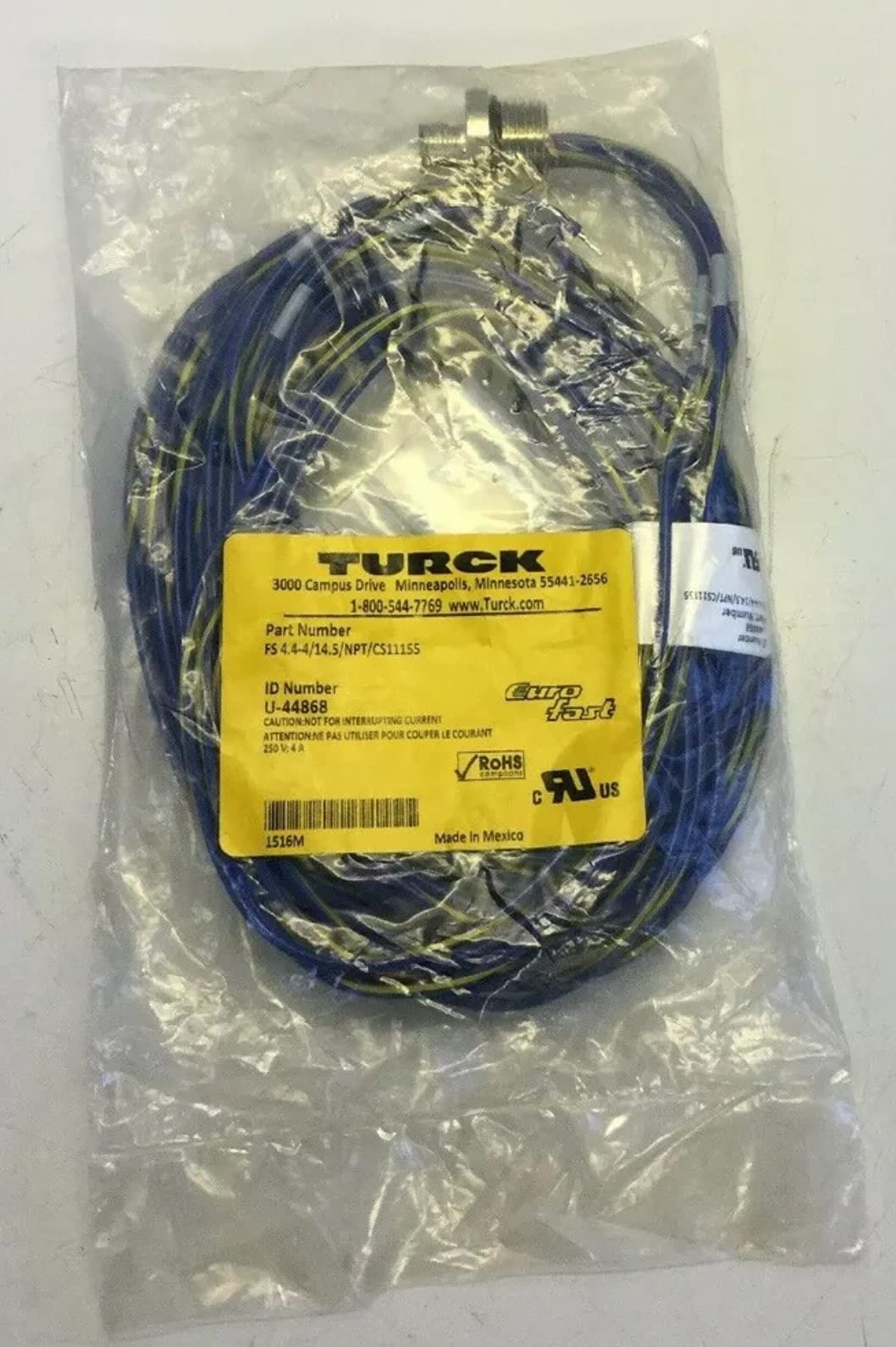 TURCK, FS 4.4-4/14.5/ NPT/CS11155, CABLE, 250V, 4 A, U-44868.