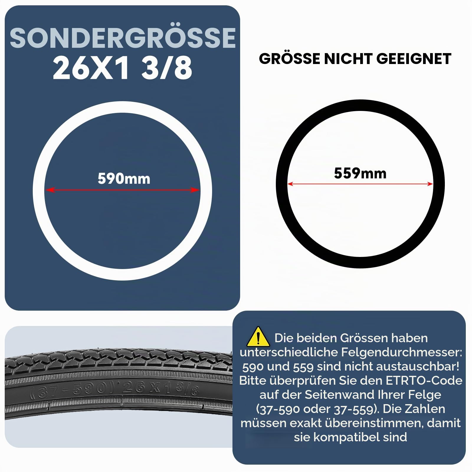YunSCM 2Pcs Faltbare 26 Zoll Fahrradreifen 26x1 3/8 Mantel 37-590 kompatibel 26" x 1-3/8 26zoll x1 3-8 Stadt/Straße/Reifen