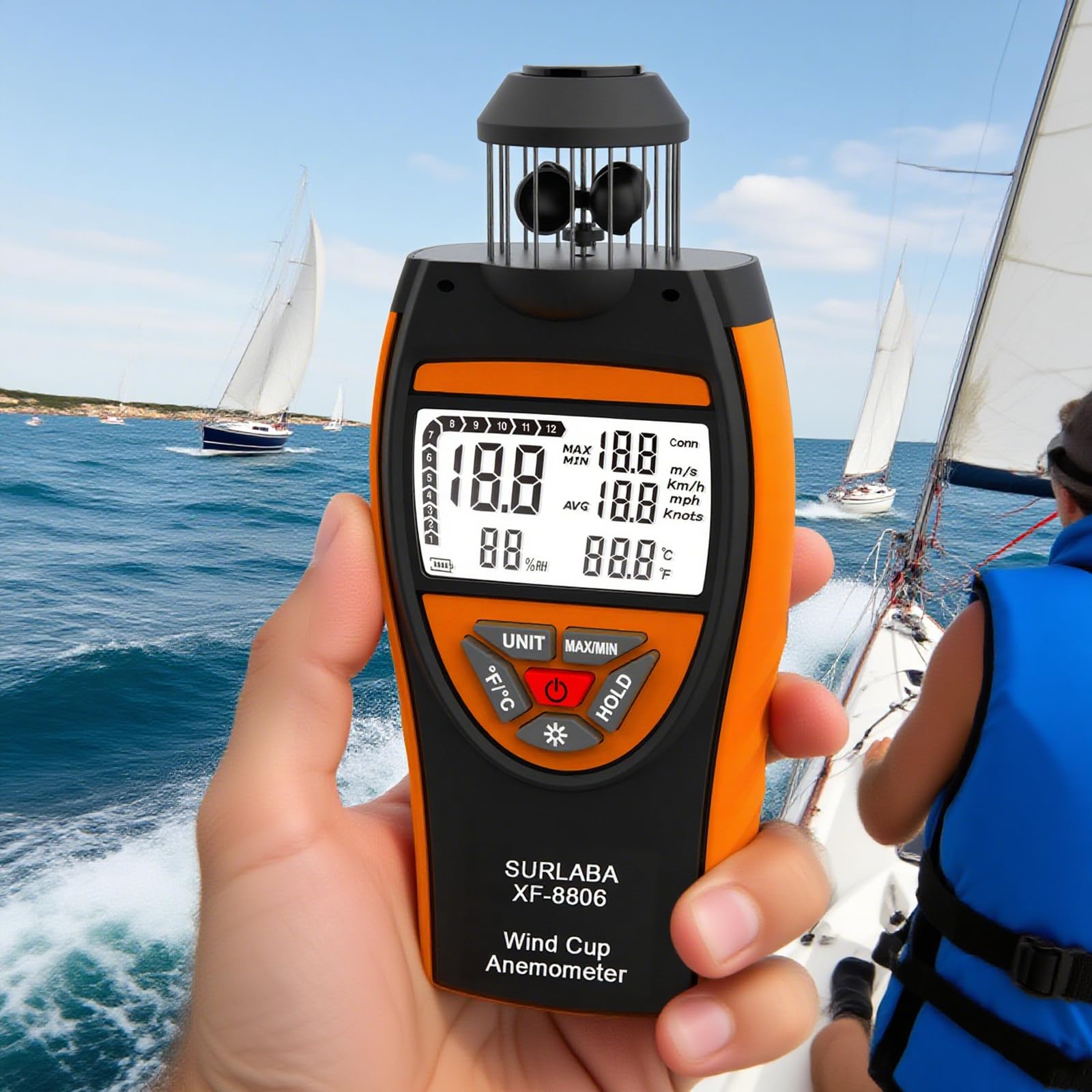 Anemometro a coppa del vento, 0,7-42 m/s, misuratore di velocità digitale XF-8806 con bussola, modalità di misurazione del vento e test della temperatura, misuratore del vento per HVAC, drone,