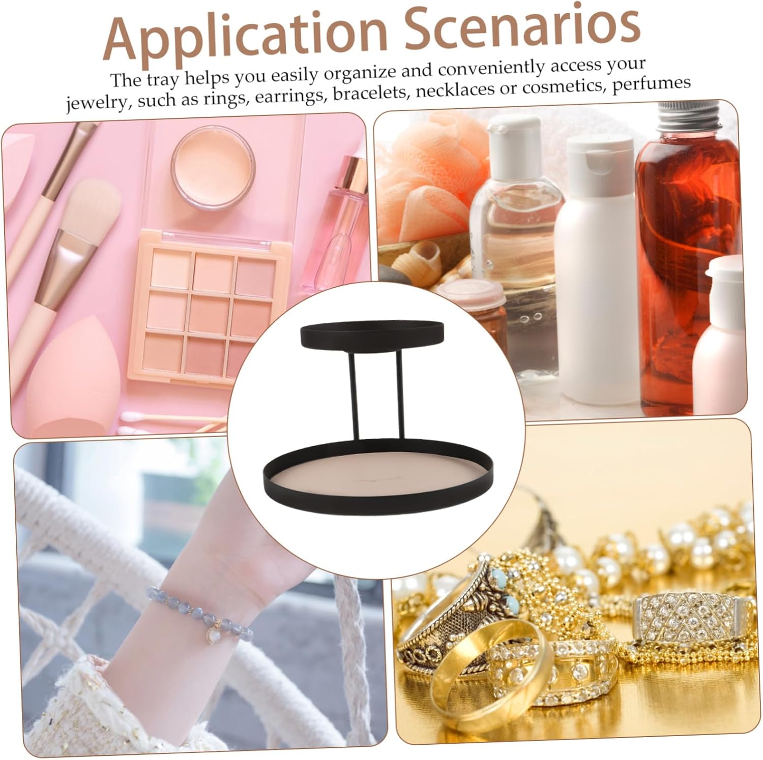 LIFKOME Double-Layer Storage Tray for Jewelry and Cosmetics Elegant Round Perfume Organizer and Trinket Holder for Dresser Entryway and Bedroom Stylish Iron and Leather Design Beige