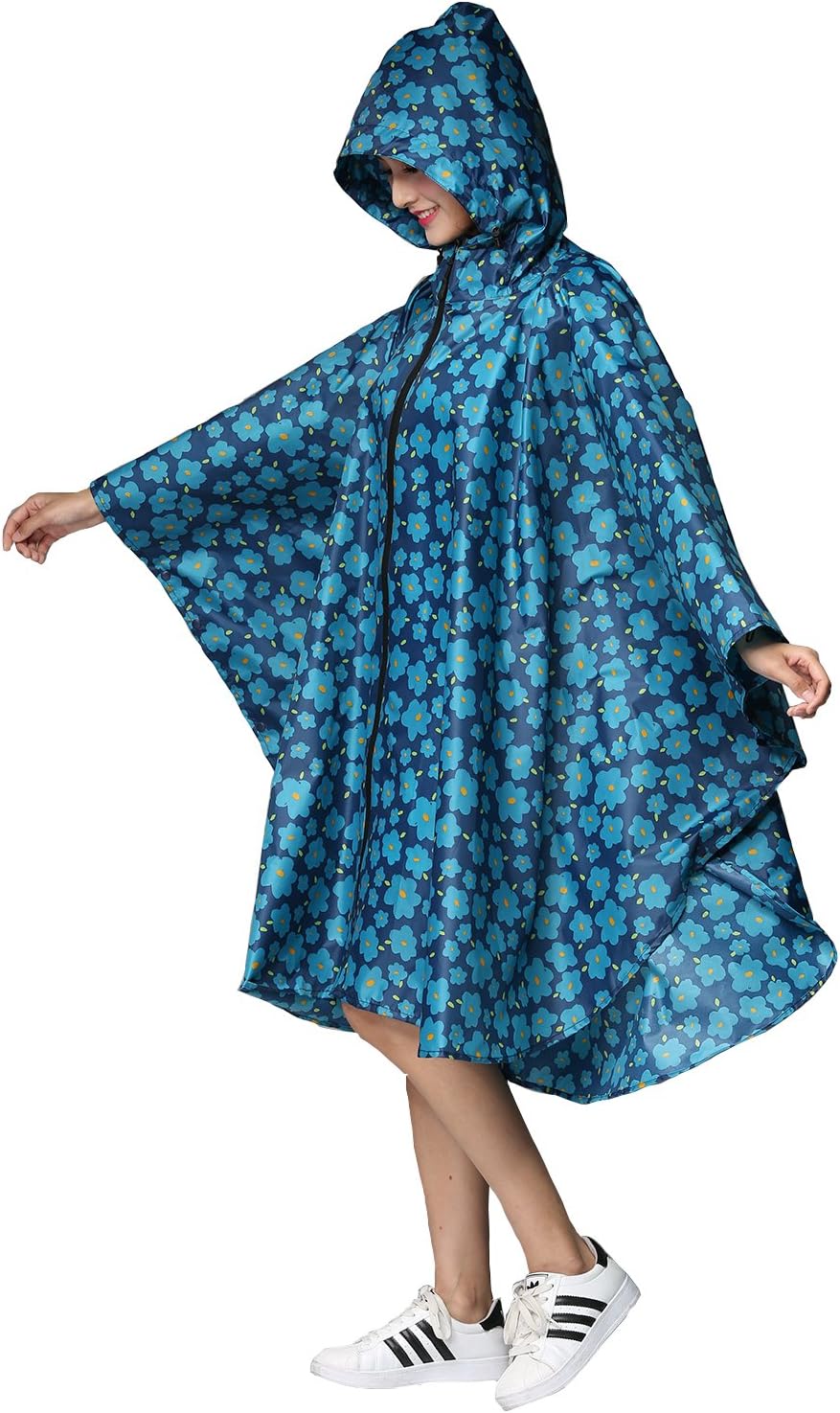 Womens Rain Poncho Stylish Polyester Waterproof Raincoat Free Size with Hood Zipper