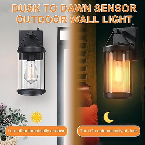 Miniatura 4 de LONEDRUID Paquete de 2 lámparas de pared para exteriores, con sensor de anochecer a amanecer, farol negro para porche exterior, impermeable, montaje