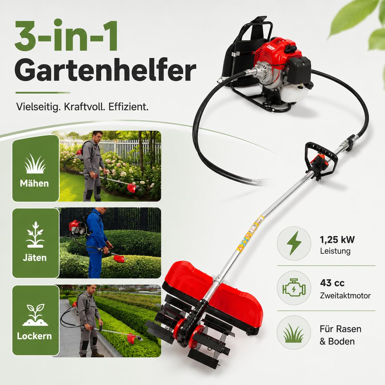 Motohacke 43cc 1.25kW Benzingerät Komplettset für Garten & Feld