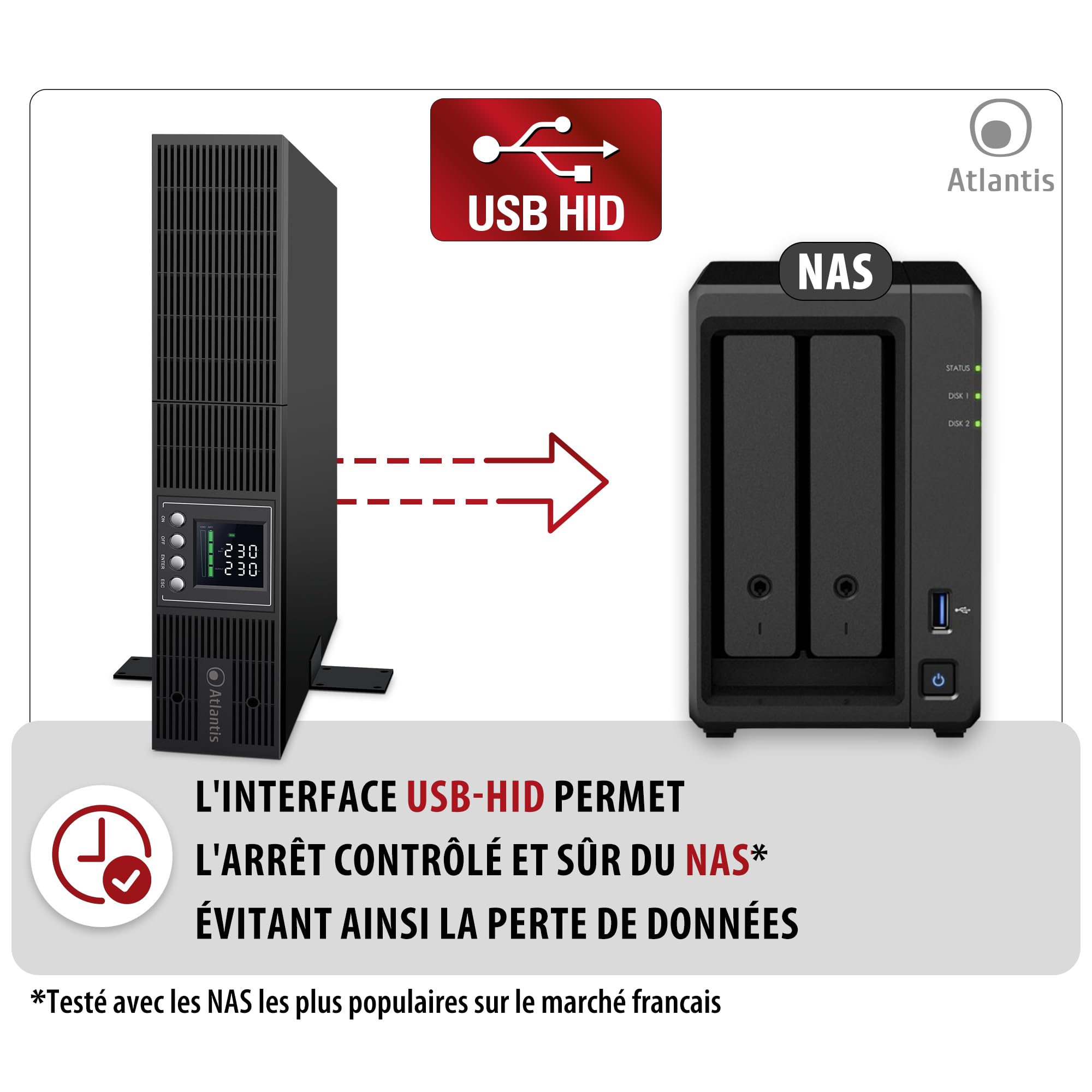 Atlantis onduleur on-Line Rack 1300 VA/900 W, Double Conversion | onde sinusoïdale pure, serveur, LCD, USB, RS232, 8 sorties IEC, slot SNMP, 2 batteries 12V 9Ah, réf. A03-OP1302-RC